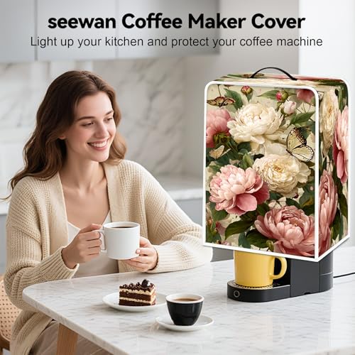 Image of Universal Coffee Maker Cover, Durable Polyester Lightweight Long-Lasting Dustproof Cotton Blend Appliance Protector for Kitchen Countertops (Light Yellow and Pink)