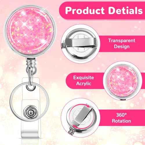 Thinp 3 Pack Glitter Badge Reel,Retractable Badge Reel with Key Ring & Belt Clip Glitter Id Badge Holder Bling Cute Badge Clip for ID Cards Office Keychain Nurses Volunteers Teachers and Students - Image 3