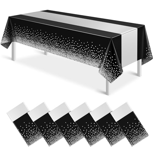 Image of 6Pcs Black and Silver Tablecloth Party Decorations,Plastic Black Table Cloth Printed Silver Table Runner Disposable Rectangle Table Cover for Birthday Anniversary Wedding Graduation Party,54 x108 Inch