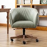 QUINJAY Green Faux Leather Home Office Desk Chair, Upholstered Barrel Swivel Adjustable Arm Desk Cha