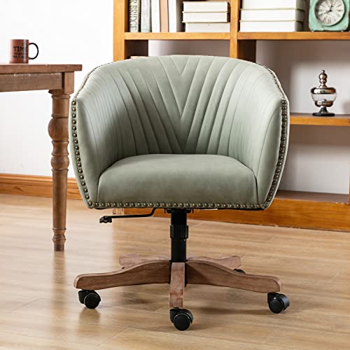 Quinjay Green Faux Leather Home Office Desk Chair, Upholstered Barrel Swivel Adjustable Arm Desk Chair With Nailheads, Comfy Mid-Back Study Chair With Silent Wheel For Study Office Computer #TOP12