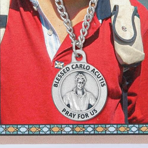Needzo Carlo Acutis Laminated Prayer Card Set with Silver Oxidized Medal and 24" Silvertone Chain2