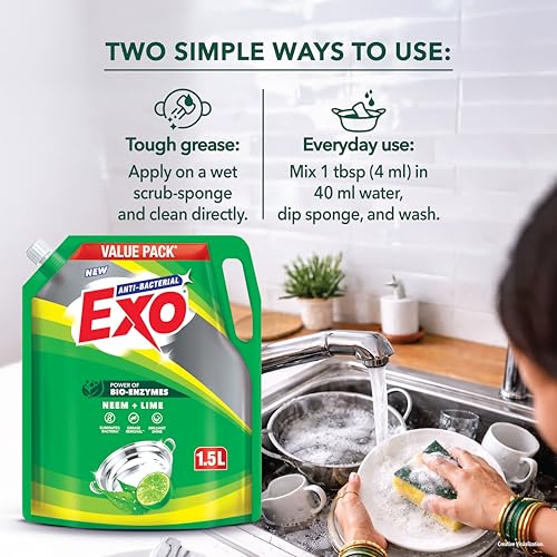 Image of Exo Anti-Bacterial Liquid Dishwash Gel - 1.5L Value Pack | Anti-Bacterial Formula with Neem & Lime for Sparkling Clean Utensils | Powered with Bio Enzymes for Tough Grease Removal & Brilliant Shine