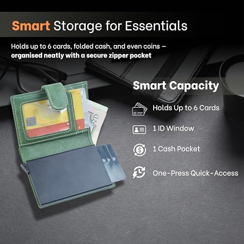 RFID Blocking Leather Wallet for Men – Slim Bifold Pop-Up Card Holder with ID Window, Full Grain Leather, 6 Compartments, Gift Set with AirTag Holder Keychain – Premium RFID Wallet4