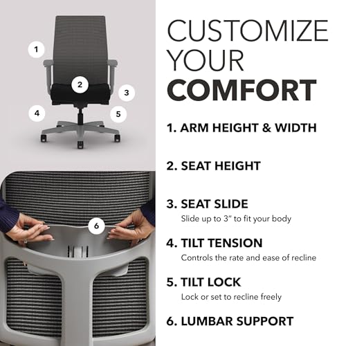 Image of HON Ignition 2.0 Mid‑Back Ergonomic Office Chair, Mesh Task Seating with Lumbar Support, Advanced Synchro‑Tilt, Height and Width Adjustable Arms, Titanium Frame, Black