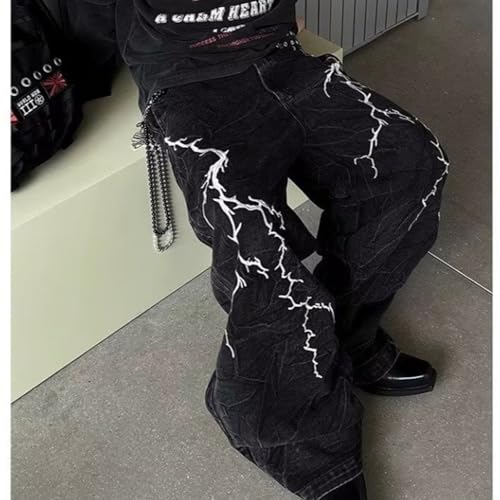 Baggy Jeans Men Graphic Lightning Bolt Y2k Denim Pants Emo Wide Leg Streetwear for Skater Jeans with Metal Chain4