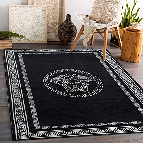 rugsx Tappeto moderno lavabile ANDRE per la camera dei bambini, il soggiorono, la hall, la moquette lavabile in lavatrice, Telaio, medusa greca, antiscivolo - nero/bianco 80x150 cm