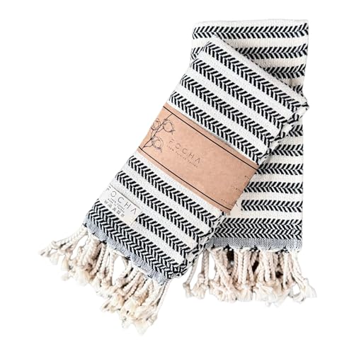 FOCHA Turkish Hand Towels for Bathroom Set of 2 | 100% Cotton, Prewashed, 18x38 Inches | Decorative Towels for Bathroom, Boho Kitchen Towels, Dishcloth, Tea, Face, Bath, Farmhouse Decor (Black)