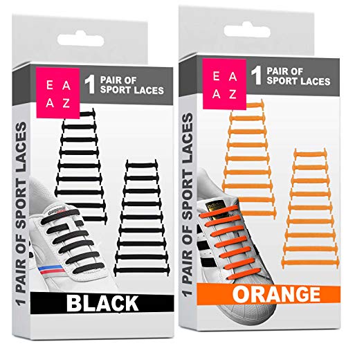 EAZLIFE Cordones Elasticos Sin Nudos (2 Pares), Cordones Magicos de Silicona No Tie Adultos y Niños. Una Pare de Cordones Naranja + Una Pare de Cordones Negros. [Satisfied or Refunded 30 days]