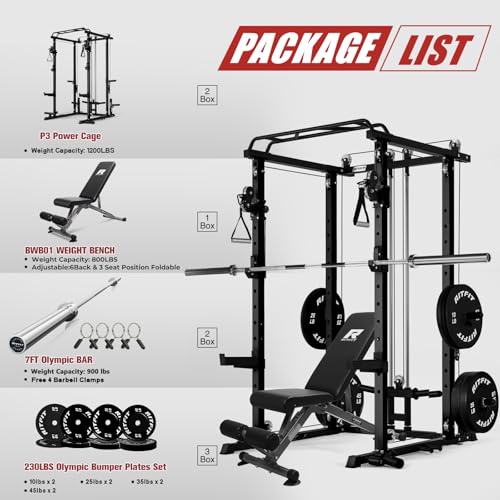 Image of RitFit Multi-Function Garage & Home Gym Package Includes 1200LBS Power Cage PPC03 /P3 with Cable Crossover System, Weight Bench, Olympic Barbell Weight Set, Full Body Workout