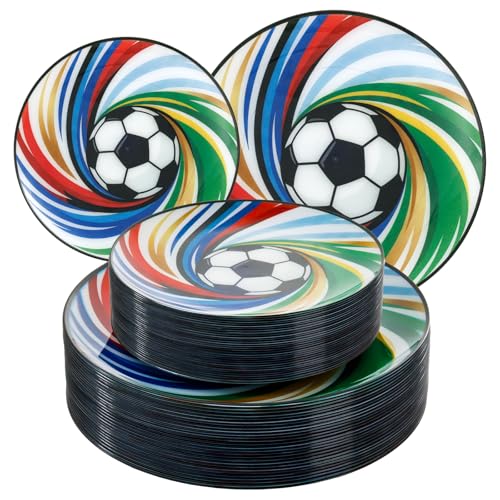 LIYH 60 Pcs World Cup Soccer Plastic Plates - Heavy Duty Disposable Plates for Global Soccer Themed Celebration Party Supplies 10.25 Dinner & 7.5 Dessert Plate