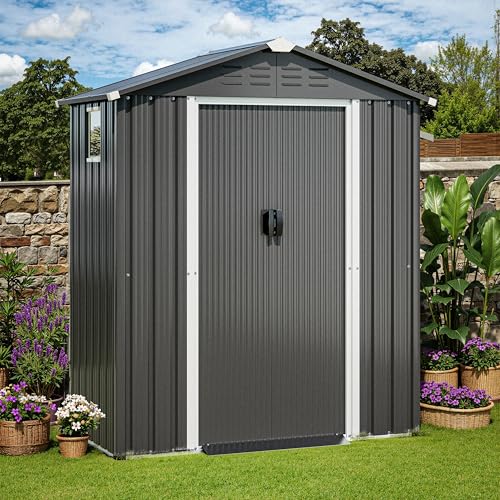 Image of JY QAQA 5x3 FT Metal Outdoor Garden Storage Shed,Waterproof Metal Garden Sheds with Window and Lockable Double Door,Weather Resistant Steel Tool Storage House Shed forPatio,Lawn (Gray)