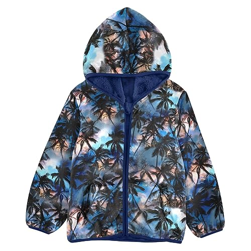 Dark Palm Trees Silhouettes Boys Fleece Hoody Jacket Zip Up Coat Warm Fall Winter Plush Jacket Long Sleeve Outerwear