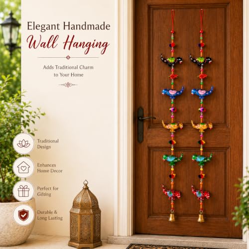 Image of Bindian Handcrafted Rajasthani Wind Chime with Bells, Multicolour, 72x23 cm, Traditional Wall Hanging for Home, Garden & Balcony (Parrot Pack of 2)