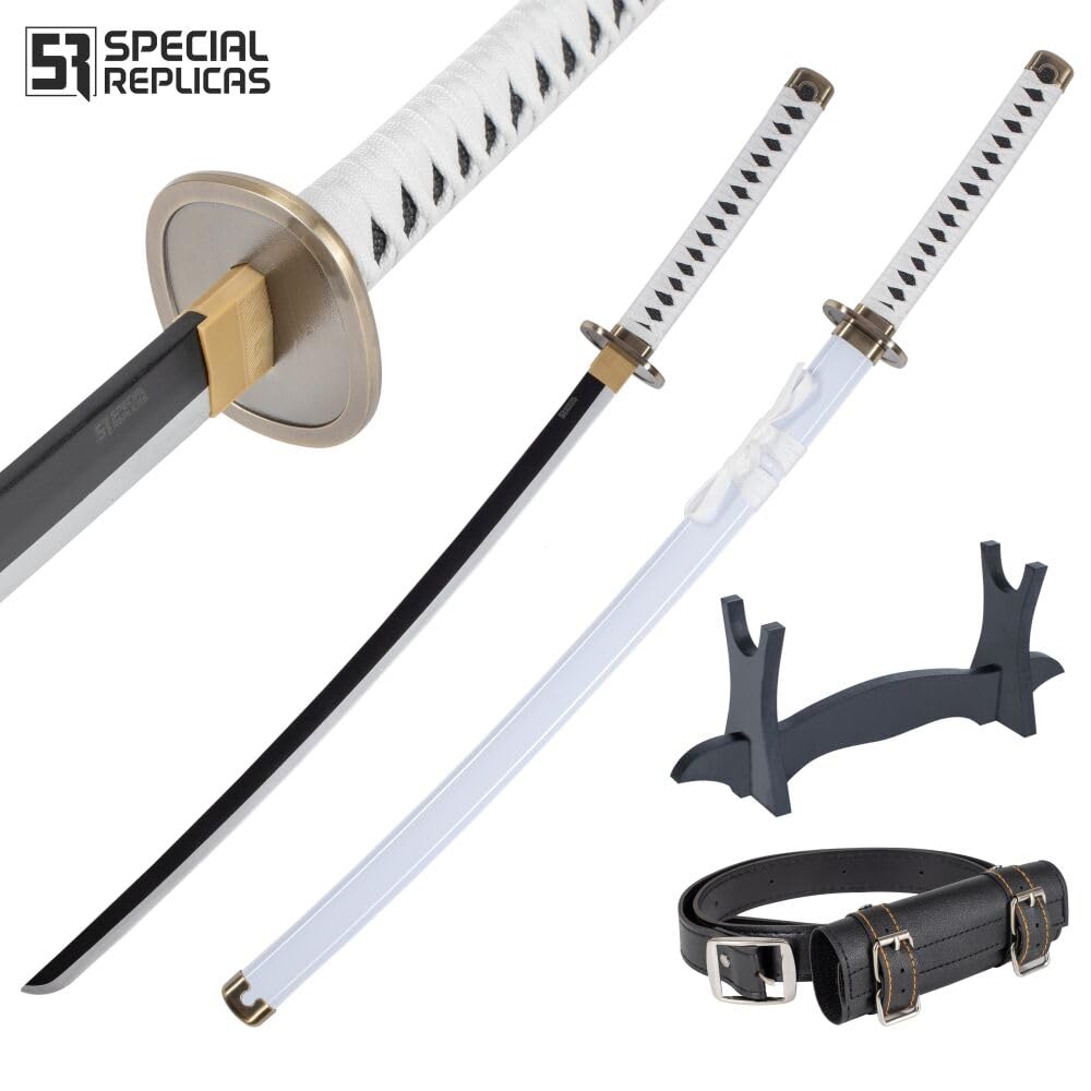 57 SPECIAL REPLICAS Zoro Katana Schwert Holz 77 cm mit Gürtel, Ständer & Scheide - Cosplay Anime Schwerter für Kostüme und LARP - Wakizashi Kurzschwert - Holzschwert aus Bambusholz (Nicht Scharf)