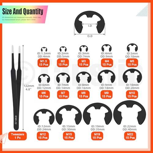 Tanstic 210Pcs 14 Größen E-Clip Externer Sicherungsring E Clip Sortiment Stahl E-Clip für Lager, Zahnräder, Wellen (M1.5 M2 M3 M4 M5 M6 M7 M8 M9 M10 M12 M15 M19 M22)