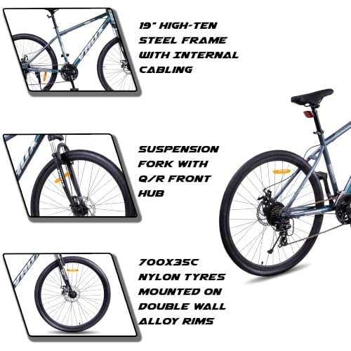 Image of Vaux City-Pro Hybrid Cycle for Men with Gears|21 Speed Shimano Gears| 19 Inch HI-Ten Steel Frame| Dual Disc Brakes| 700x35C Tyres|Double-Wall Alloy Rims (Grey-Blue, Multispeed, Suspension Fork)