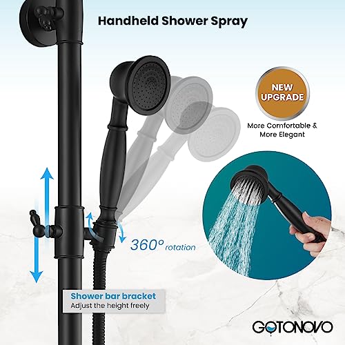 gotonovo Exposed Bathroom Shower Faucet Set Shower Fixture 8 Inch Rainfall Shower Head Handheld Shower Cross Handle Wall Mount 2 Functions Matte Black - Thumbnail 5