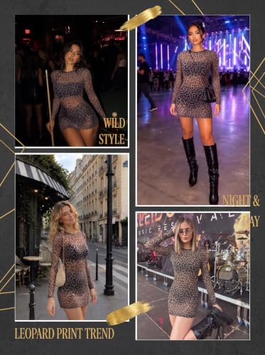 Avidlove Women's Sheer Mesh Bodycon Mini Dress Long Sleeve Brown Leopard XS - image 4