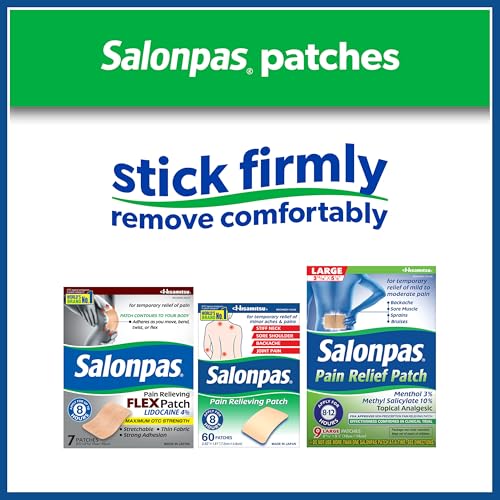 Image of Salonpas Maximum OTC Strength Lidocaine 4% Pain Relieving, Apply for Up to 8 Hours, Unscented, Thin, Flexible, Lightweight, Stays in Place, 7 Patches