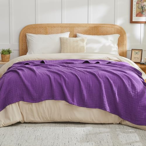 Image of EMME Cooling Muslin Twin Blanket - Checkered Lightweight Summer Cotton Blankets of Rayon Derived from Bamboo for Hot Sleepers (Purple, 60 inchx80 inch)