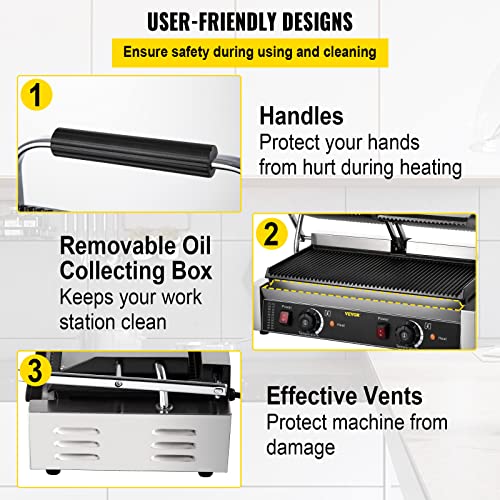 Happybuy 110V Commercial Sandwich Panini Press Grill 2X1800W Temperature Control 122°F-572°F Commercial Panini Grill For Hamburgers Steaks Bacons (Double Grooved Plates） #TOP6
