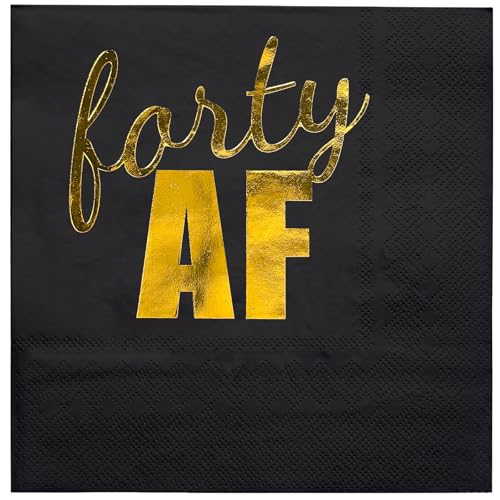 WRAPAHOLIC 25Pcs 40th Birthday Cocktail Napkins - 3-Ply Black Gold Foil Forty AF Lettering Disposable Paper Napkins for Birthday Party Tableware Party Supplies - 5 x 5 In