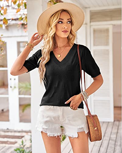 Image of Arach&Cloz Women's Lightweight Spring Summer Sweater Tops Casual Short Sleeve Blouses Shirts