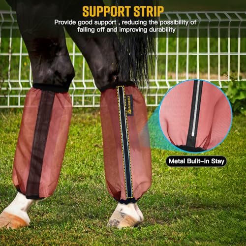 Image of Fly Boots for Horses Set of 4,Universal Size Fine Mesh Horse Fly Boots with Built-in Metal Support,Fly Leggings for Horses with Fleece Trimming and Reflective Webbing (Orange)