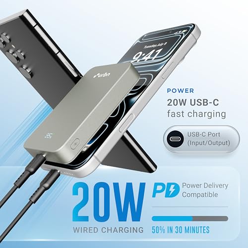 Image of URBN Slate Qi2 MagSafe Power Bank 10000mAh | 15W Magnetic Wireless Charging | 20W USB-C PD Fast Charging | LED Display | Premium Metallic Finish | 1 Year Warranty (Grey)