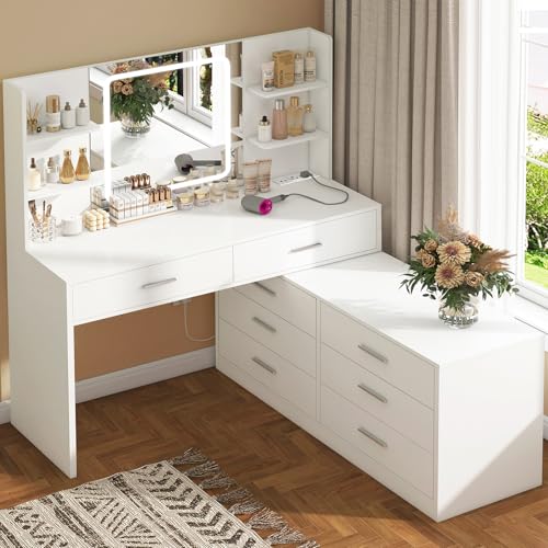 FIONESO Vanity Desk with LED Light Mirror & Power Outlet 8 Drawers 6 Storage Shelves 3 Color Modes & Adjustable Brightness Makeup Vanity Corner Vanity L Shape Vanity 39.4-64.9 Desk White