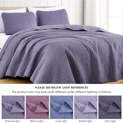 Image of Chezmoi Collection Austin Queen Oversized Bedspread Set, 3-Piece Pinsonic Quilted Lightweight Microfiber Bedspread Coverlet, Dusty Purple
