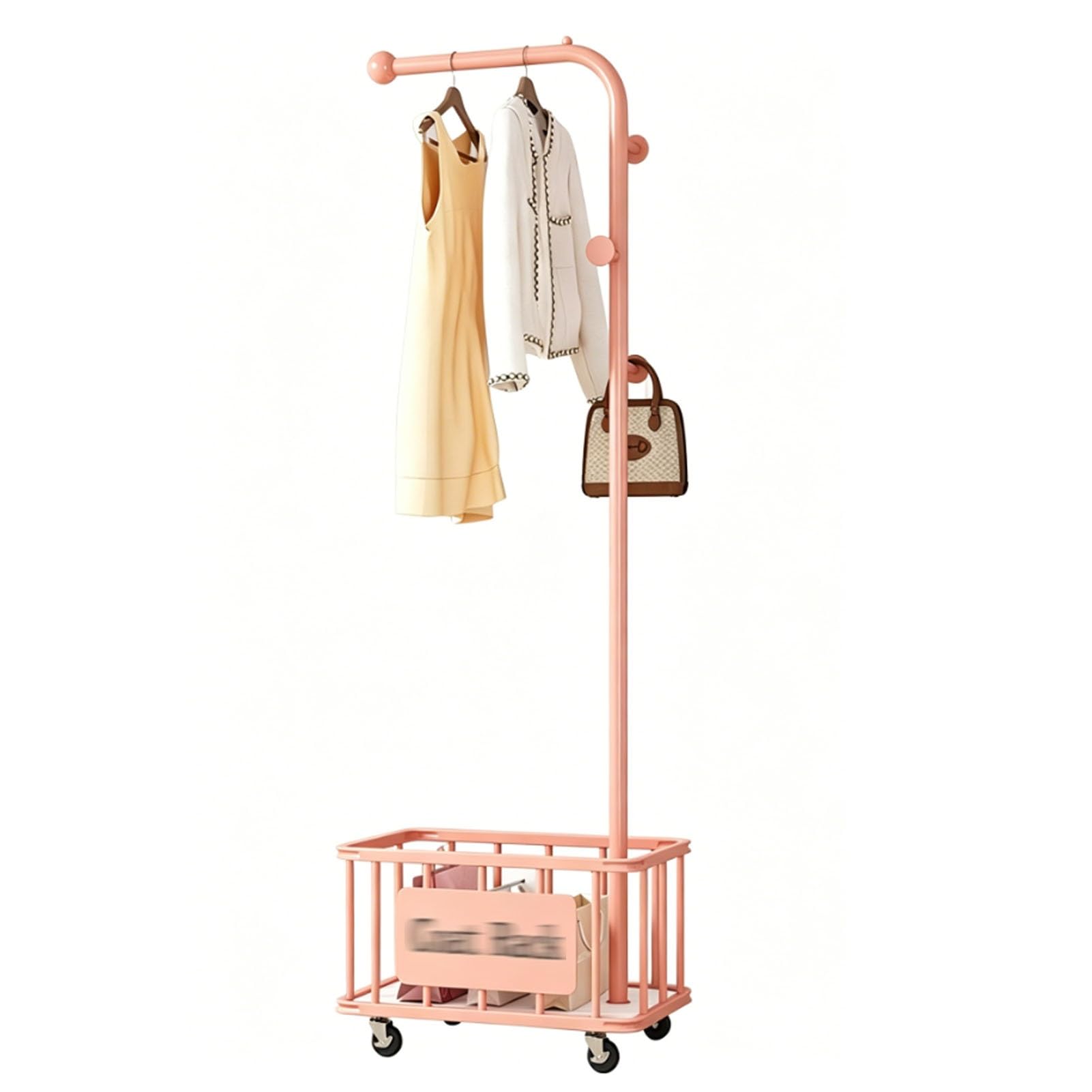 YAOHY Metal Clothing Rack with Wheels, Freestanding Rolling Coat Rack With Hanging Rod And Storage Basket, for Bedroom, Closet, Living Room, Entryway(Pink,Style1)