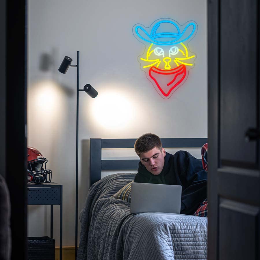 Image of Cowboy Scarf Cat Neon Sign, LED Lights for Wall Decor, Bedroom Art, Lover Gifts, Night Light Custom USB Powered for Party, Man Cave, Gift for Kids Girl Boy (15.1*12.5)