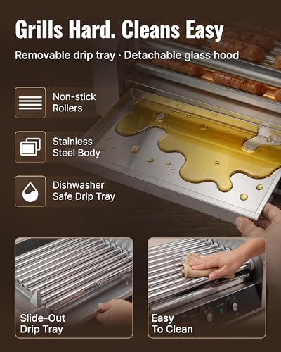 Image of SYBO Hot Dog Roller, 30 Hot Dogs 11 Rollers Grill Cooker Machine with Removable Stainless Steel Drip Tray, 1430-Watts, Ideal for Commercial And Party Use