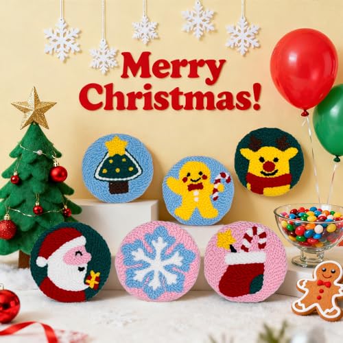 Image of Christmas Punch Needle Kit for Adults Beginners, Easy Punch Embroidery Coaster Starter Set with Instruction - Fun Mug Rug Making Kit for Table Decor & Festival DIY Gifts