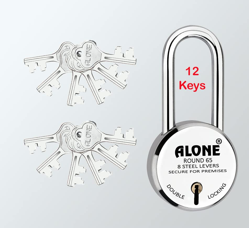 Alone Locks 65mm Round Padlock with Long Shackle | Double Locking | 8 Steel Levers 12 Keys | Lock and Keys for Home Door Main Gate Shop Shutter Lock | Made in India | Export in UAE | SA (Pack of 1) (B0BWHQ3T55) Amazon Price History, Amazon Price Tracker