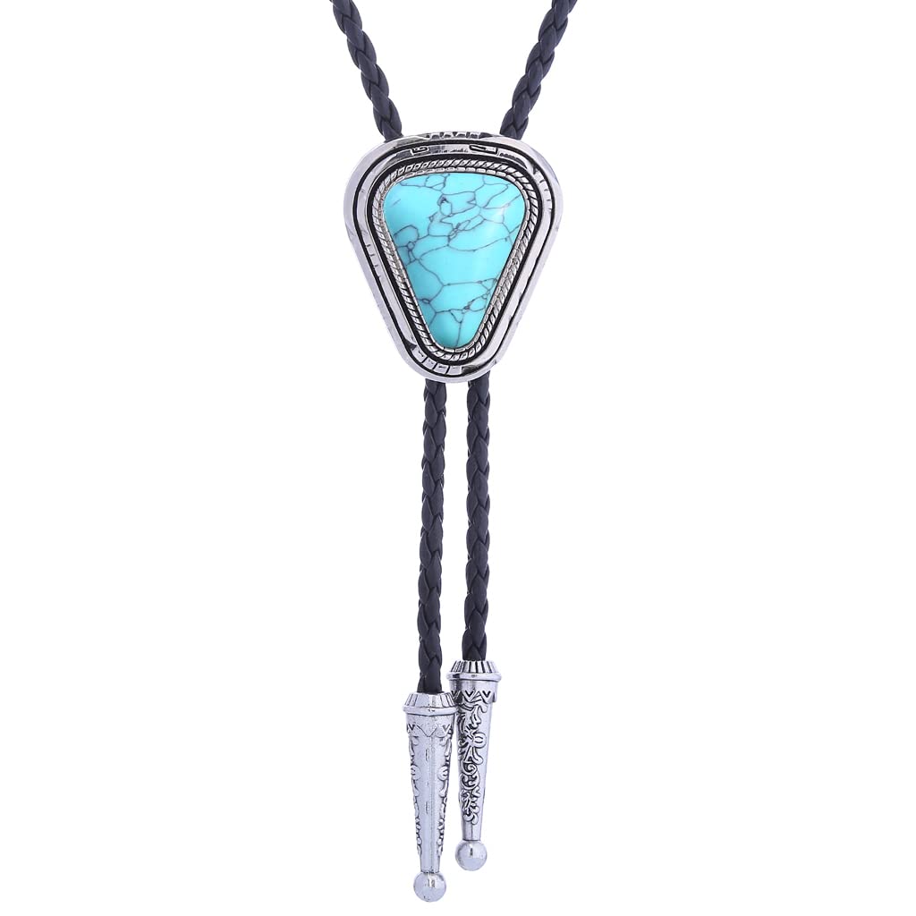Btilasif Bolo Tie Black for Men Cowboy, Triangle Turquoise Western Bolo Necklace Leather Necktie Costume Accessories