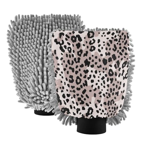 Flradish 2 Pack Fashionable Leopard Print Car Wash Mitt Chenille Microfiber Lint-Free Scratch Free Ultra-Soft Absorbent Car Wash Mitt 10.2x7.09 Inch