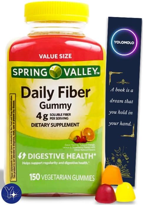 Gomitas de suplemento de fibra para salud digestiva Spring Valley, naranja limón fresa, 150 unidades y marcapáginas de regalo YOLOMOLO