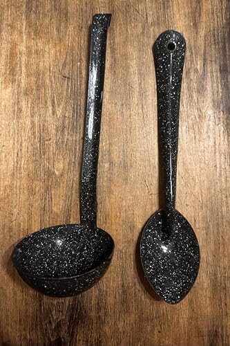 Vintage-Black-Speckled-12-Serving-Spoon-Ladle-Set-Enamelware Vintage Black Speckled 12 Serving Spoon Ladle Set Enamelware