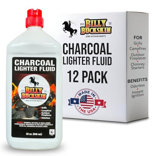 Charcoal Lighter Fluid (1 Quart) - 12 Pack Clean Burning, Low Odor & Fast Lighting Lighter Fuel - Perfect Fire Starter Fluid for Outdoor BBQ, Grilling, Camping, Charcoal & Wood Fires by Billy Buckskin