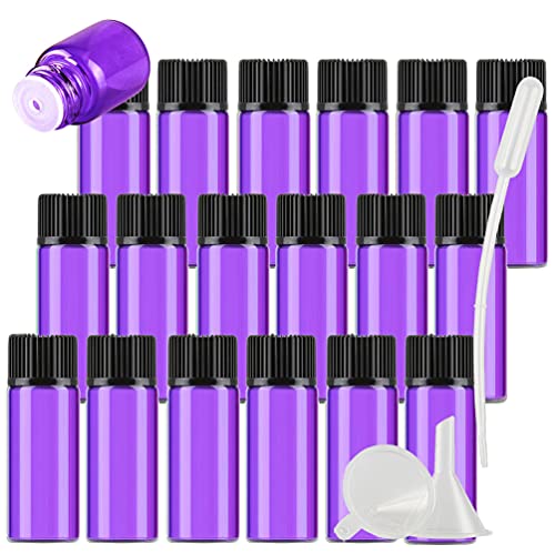 TIANZD 25 Stück Leer 5 ml Kleine Glasflaschen Braunglas mit Orifice Reducer Lila Mini-ätherische Ölflaschen Duft Glas Fläschchen für Ätherisches Öl,Aromatherapie,Parfüm,Massage