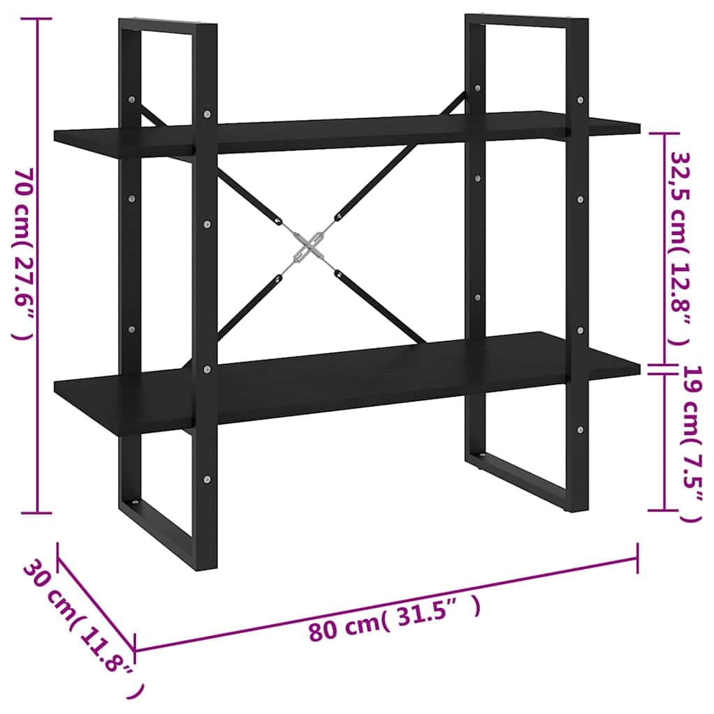 Libreria a 2 Ripiani in Legno Massello Pino e Metallo 80x30x70 cm | Stile industriale nero per soggiorno e studio, due ampi ripiani a vista con supporto in metallo e kit antiribaltamento.