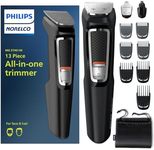Norelco Philips Multi Groomer All-In-One Trimmer Series 3000-13 Piece Mens Grooming Kit For Beard, Face, Nose, Ear Hair Trimmer And Hair Clipper - No Blade Oil Needed, Mg3740/40