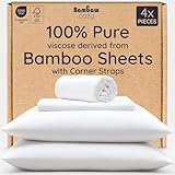 Bambaw 100% Viscose Derived from Bamboo Sheets Queen Size Deep Pocket Set – 4pcs Hotel Luxury Bed Sheets Set, Fits Up to 16'' with Elastic Corner Straps, Ultra Soft Cooling Sheets Queen Size (White)