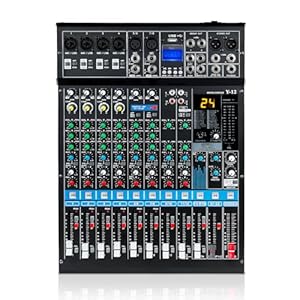 12 Channel Audio Mixer Professional Bluetooth DJ Mixer USB Interface Sound Board Mixer Console Digital MP3 Computer Input 48V Phantom Power Stereo DJ Studio Streaming 24-Bit SPX Effects