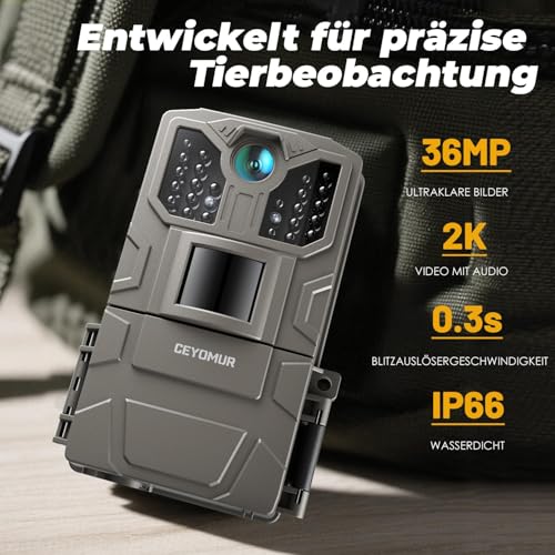 CEYOMUR Wildkamera, 850nm IR LEDs Wildkamera mit Bewegungsmelder Nachtsicht, Wildtierkamera mit 2 Zoll Display, IP66 Wasserdichter für die Überwachung von Wildtieren