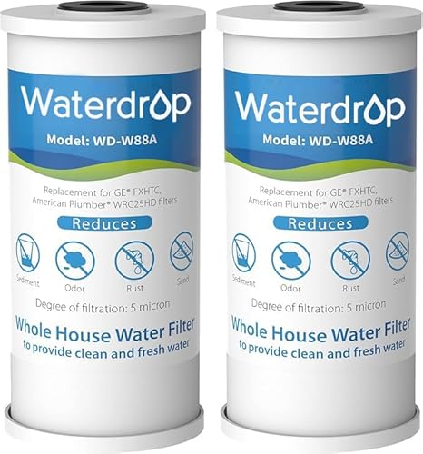 Waterdrop FXHTC Whole House Carbon Water Filter, Replacement for GE FXHTC, GXWH40L, GXWH35F, Culligan RFC-BBSA, American Plumber W10-PR, W10-BC, WRC25HD, 10" x 4.5" Cartridge, 5 Micron, Pack of 2
