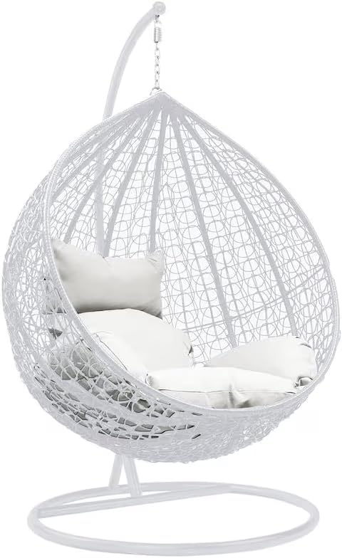 Image of Single Seater Swing Chair with Stand & Cushion Outdoor Indoor Balcony Garden Patio, Powder Coated Frame, UV-Protected Wicker, Premium Cushion, Swing Chair (White:: White)